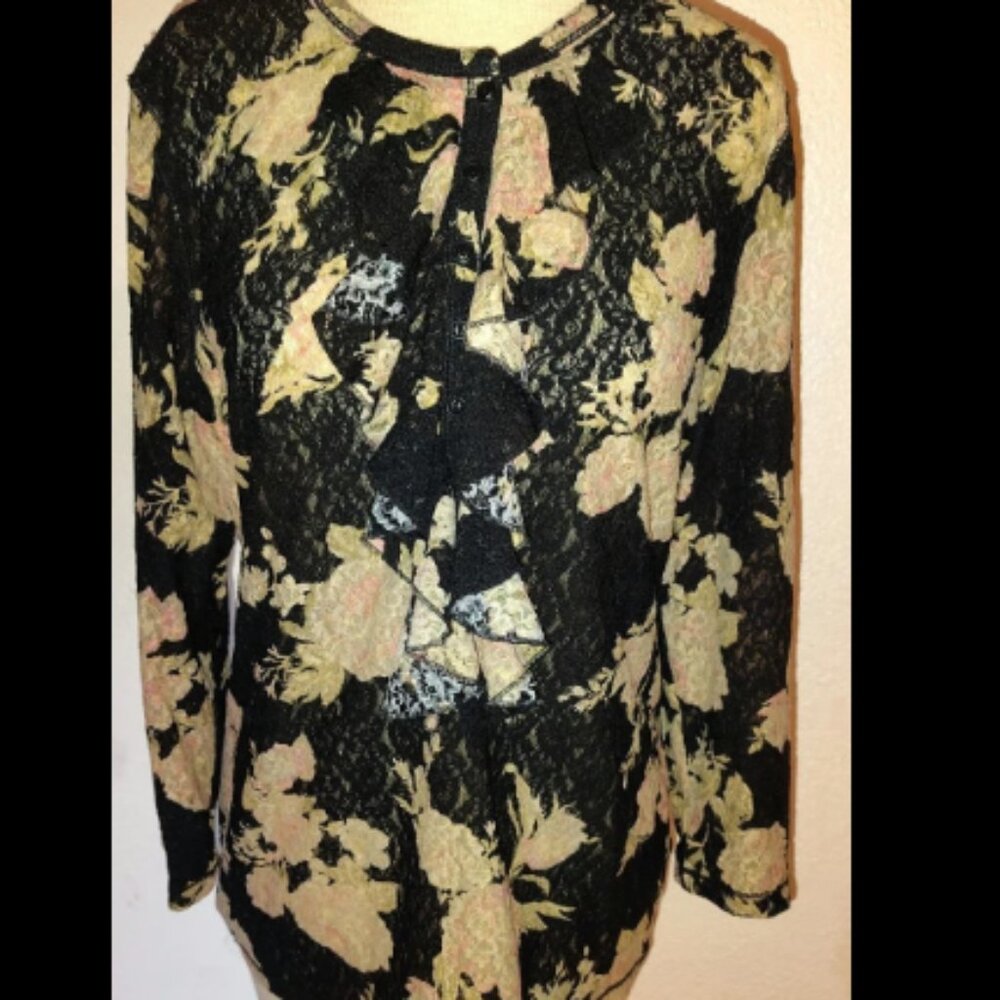 Ralph Lauren Large Jeans Semi Sheer Long Sleeve Floral Top Nylon/ Elastane Blend